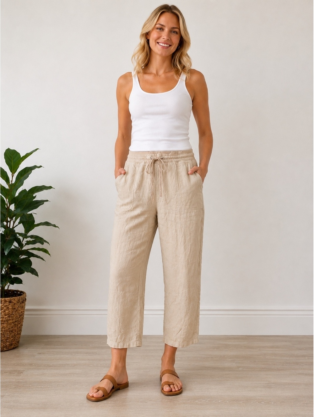 Per Se Linen Blend Drawstring Cropped Pants Beige XL Casual Lightweight